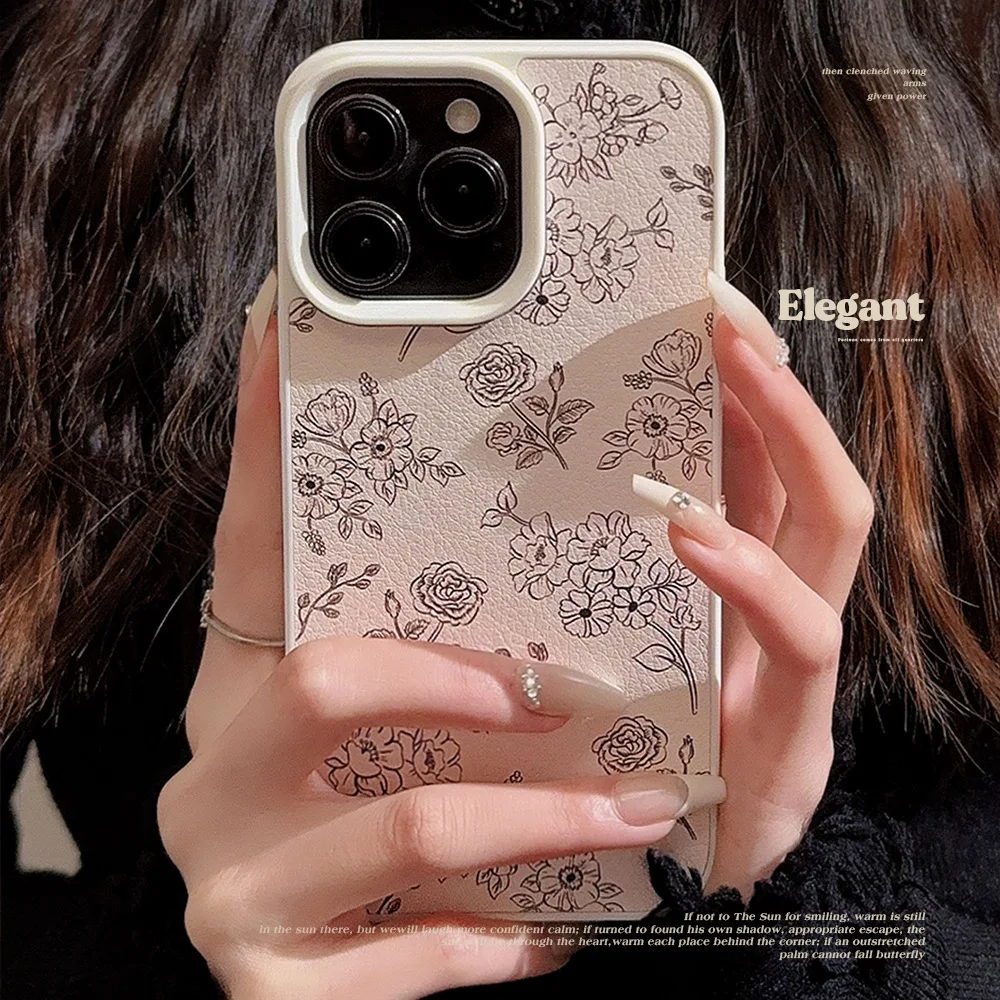 Fashion Retro Line Rose Flower Pattern Leather Texture Phone Case For iPhone 17 Air 16 15 14 13 12 11 Pro Max Shockproof Cover