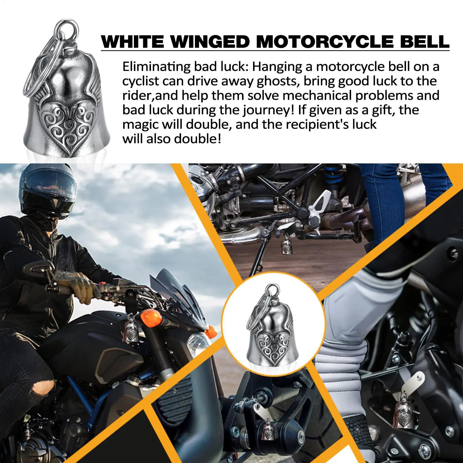 Asa de coração motocicleta sino vintage amor asas de anjo sino pingente chaveiro masculino equitação festa amuleto punk rock exorcismo jóias