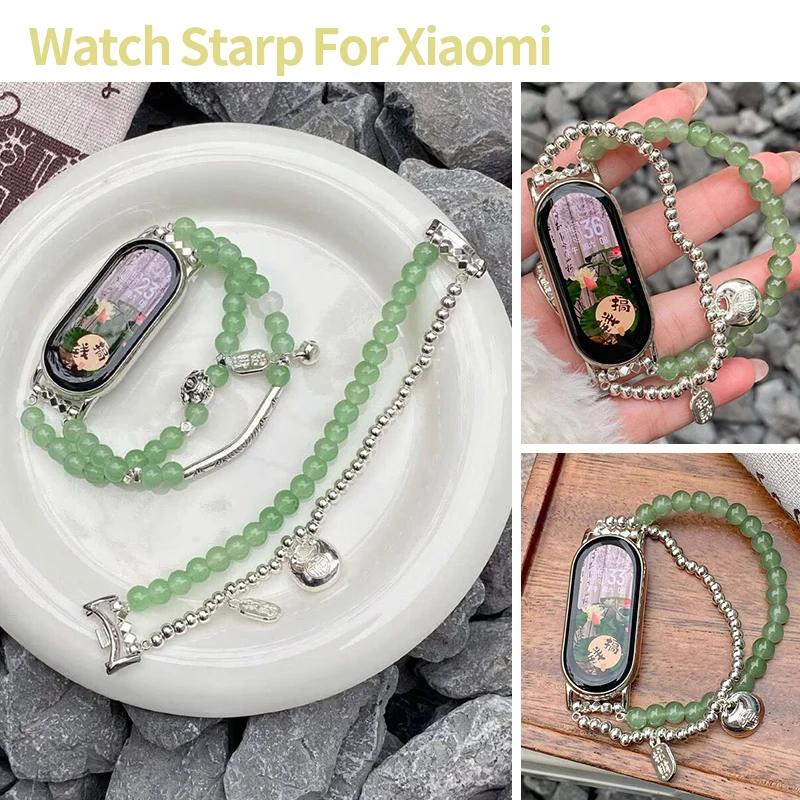 Chinese Green Agate Beads Watch Band Wrist Strap for Xiaomi Band 10 9 Jade Bracelet for Redmi Watch 4 5 Accessories for Ladies