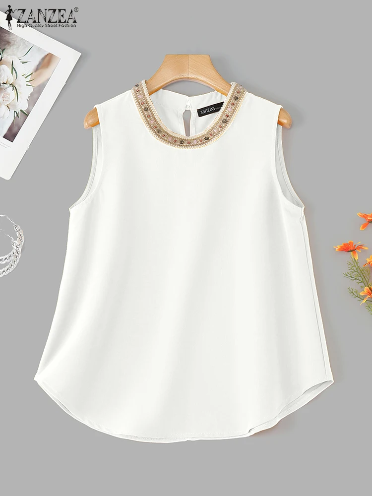 

Stylish Summer Sleeveless Tanks Tops ZANZEA Women Blouse Patchwork Camis Bohemain Holiday Shirt Loose Tees Mujer Femme Oversize