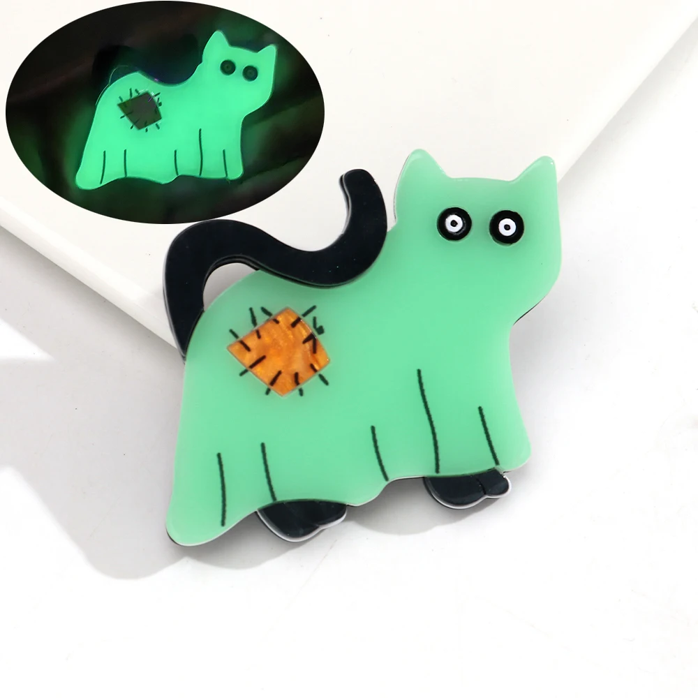 Halloween Leuchtende Geisterkatze Acryl-Broschen für Frauen Niedliche Cartoon-Tier-Abzeichen Mode-Schmuck-Accessoires Geschenk – Detail 2