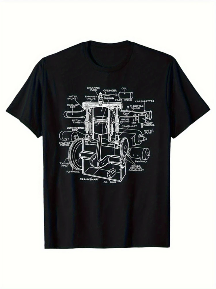 

Vintage Automotive Engine Technical Drawing - Mechanical Blueprint Design-100% cotton O-neck short sleeve printed men's T-shirt.