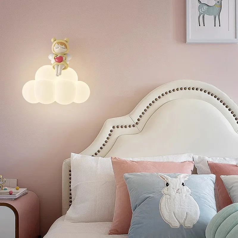 Minimalist Wall Lamp Children's Room Cream Wind Cartoon Rabbit Lampshade Cloud Warm Bedroom Bedside Study LED Lamp Luminaires