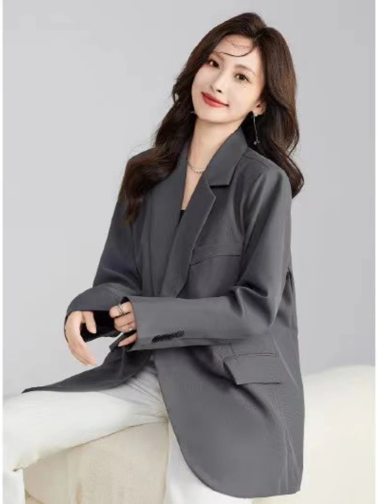 Spring Autumn Higher Quality Gray Blazer Women Korean Fashion Suit Oversized Cropped Jacket Office Ladies Clothing Outerwears