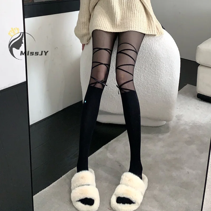 Japanese Type Fake Cross Bandage Print Fishnet Tights Womens Mesh Hollow Out Bowknot Pantyhose Black White Stockings Bas Resille