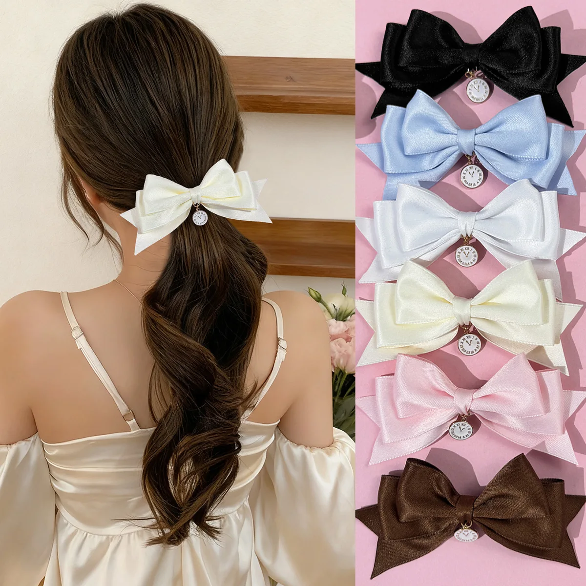 36pcs Satin Ribbon Bow Hair Clips Korean Fashion Side Bowknot Hairgrips with Clock Buttons for Women And Girls Bulk Pack