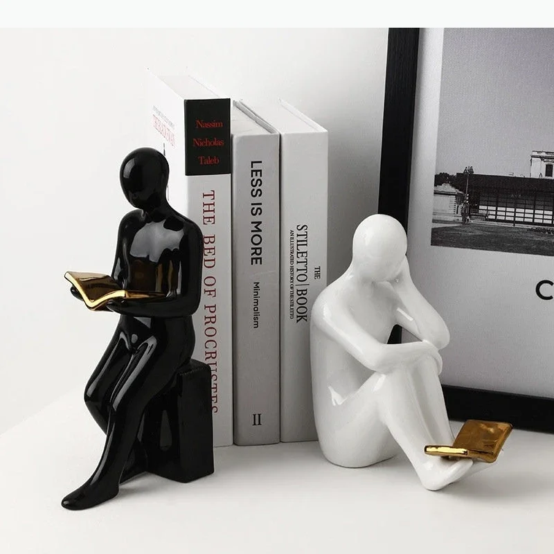 Reader Shape Crafts Statue Ceramic Bookends Library Bookshelf Crafts Ornaments Minimalism Character Sculpture Bookends
