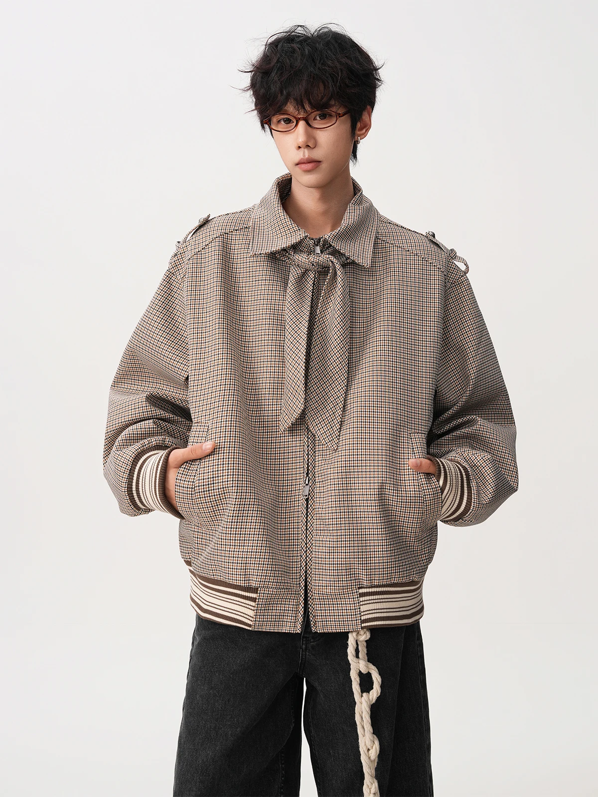 

Retro American Harington Plaid Jaet ex Casual Sle Youth ular Polyester Fiber Long Sve Zipper Closure Outerwear