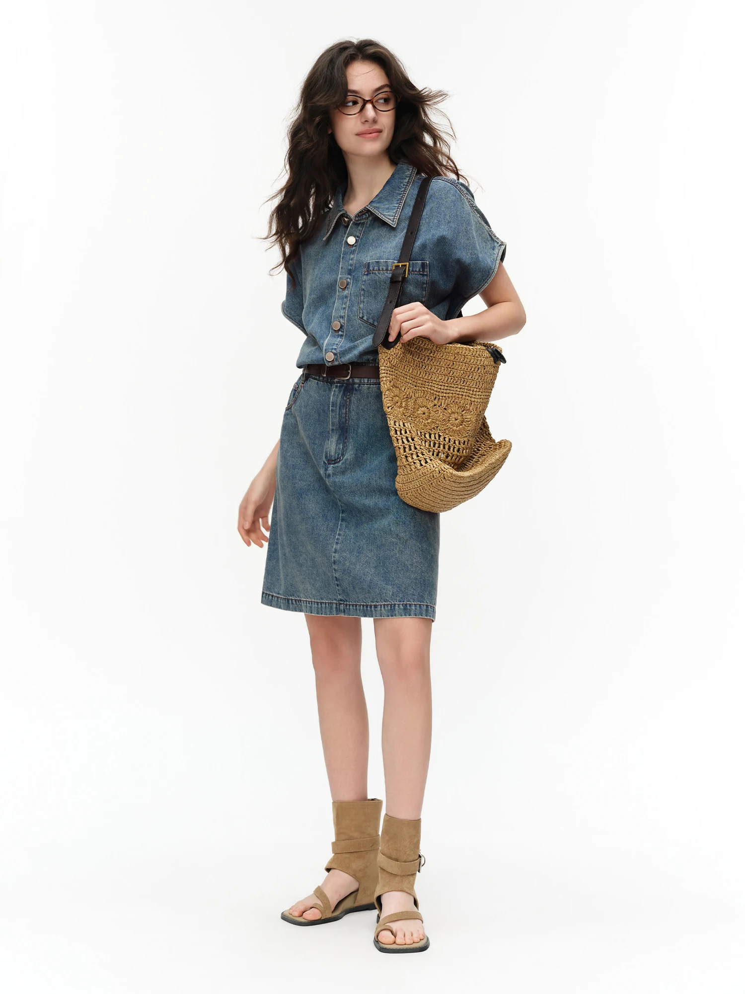 DUSHU 2026 Summer New Women‘s Cotton Blend Denim Shirt Dress Timeless Minimalist A-Line Midi Dress for Effortless Commute Style