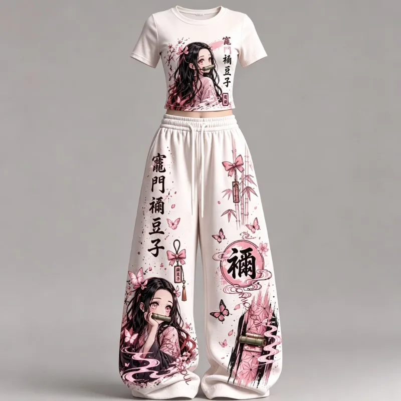 Image of 2026 Demon Slayer Sommer-Print 2-teiliges Outfit Y2K Streetwear T-Shirt + Weite Hose Set Lässige Sportbekleidung Trainingsanzug für Erwachsene und Kinder