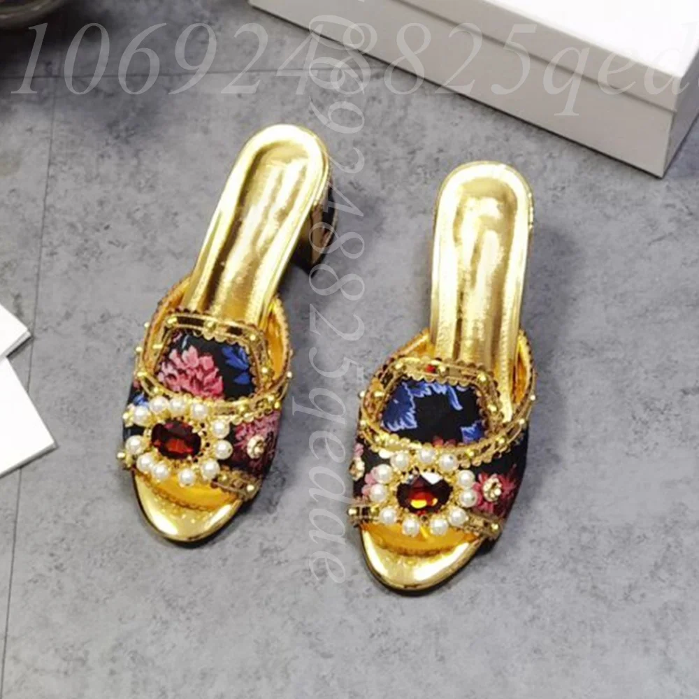 Women's Floral Print Slide Sandals Gold Metallic Trim, Pearl Embellishment, Open Peep Toe Block Heel with Patterned Detail Shoe view 4