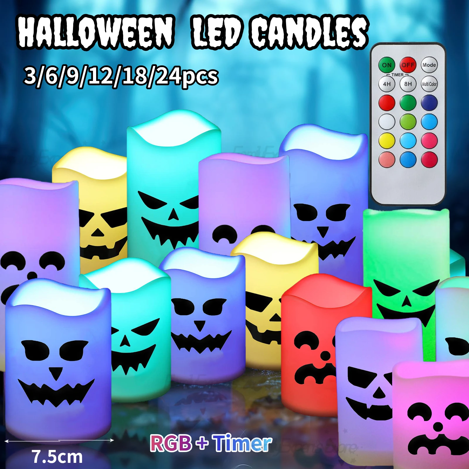 3-24pcs Halloween Flameless Votive Candles Color Changing Led Pumpkin Candle Light Remote Flickering Flameless Candles 7.5cm Dia