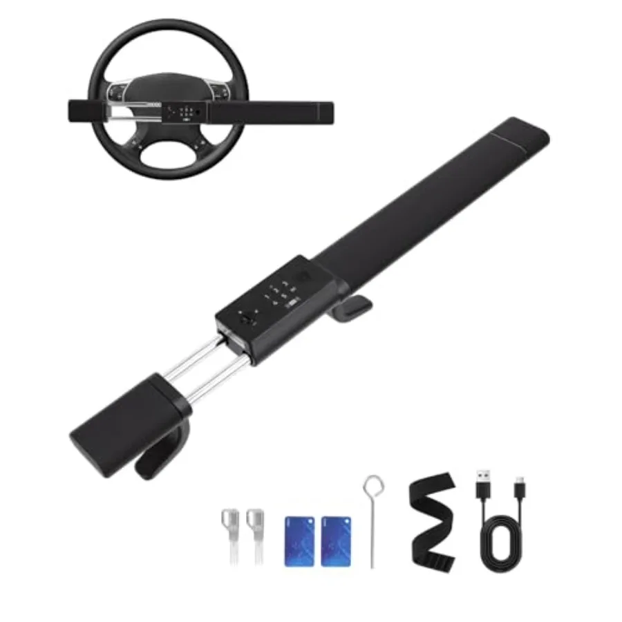 Steering Wheel Lock Anti Theft Device for Truck Van SUV, Steel Black, Fingerprint Keypad IC Card NFC Key Access, Dual Alarm Win