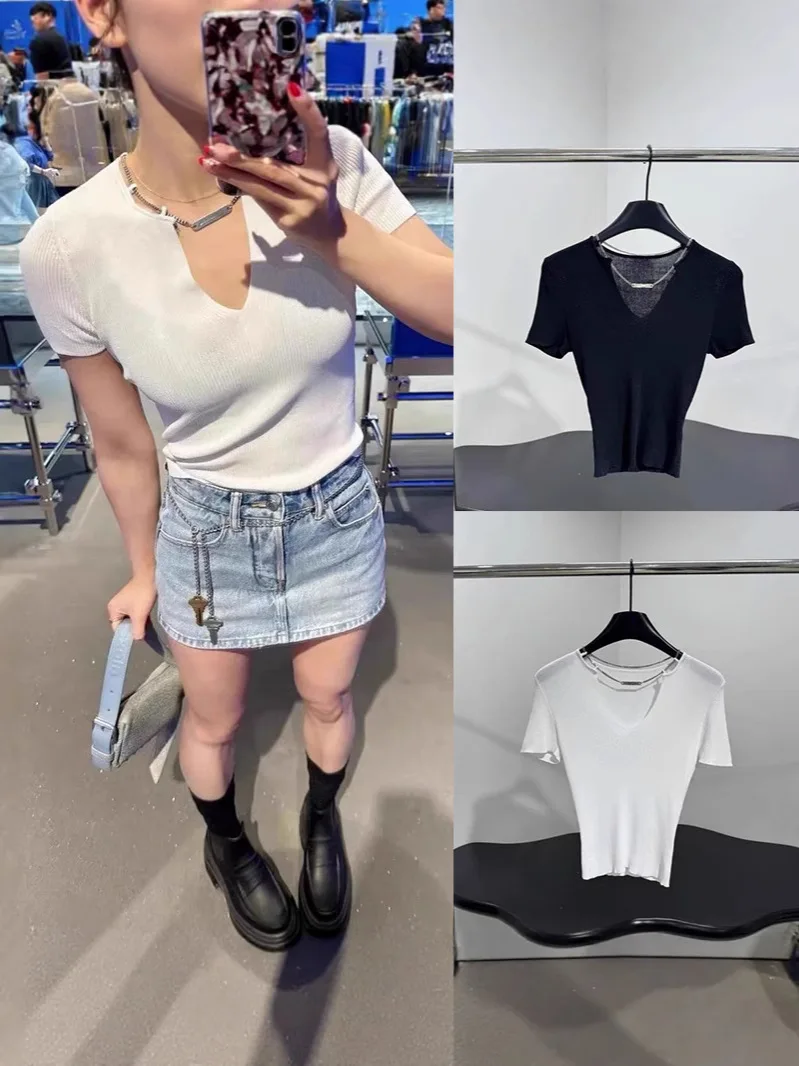 

Slim Fit Metal Knitwear ort Sve V-Ne T-irt Korean Sle Commute Pure Color Breathable Sweat ng Summer New Arrival