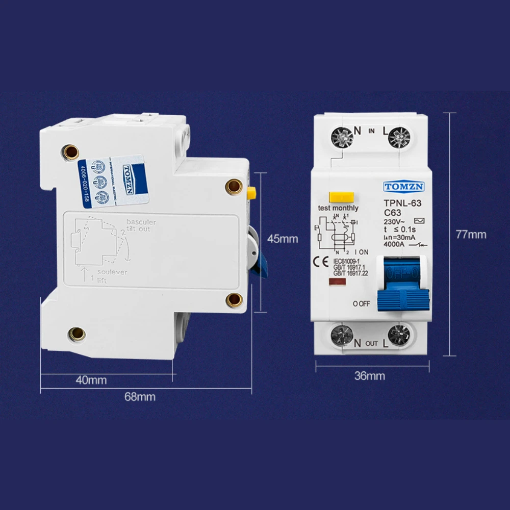 TOMZN 1PCS TPNL 230V 1P+N 10A 230V~ 50Hz/60Hz Residual current Circuit breaker with over current and Leakage protection RCBO MCB