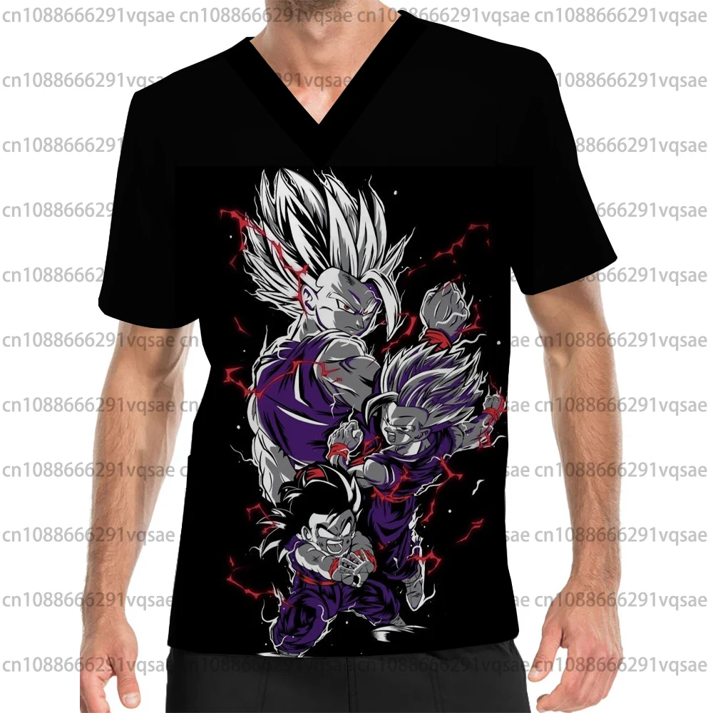 Summer New Men's Pocket V-Neck Scrub Top Dragon Ball Anime Men's Health Care Nurse Uniform Caregiver Work Short Sleeve T-Shirt