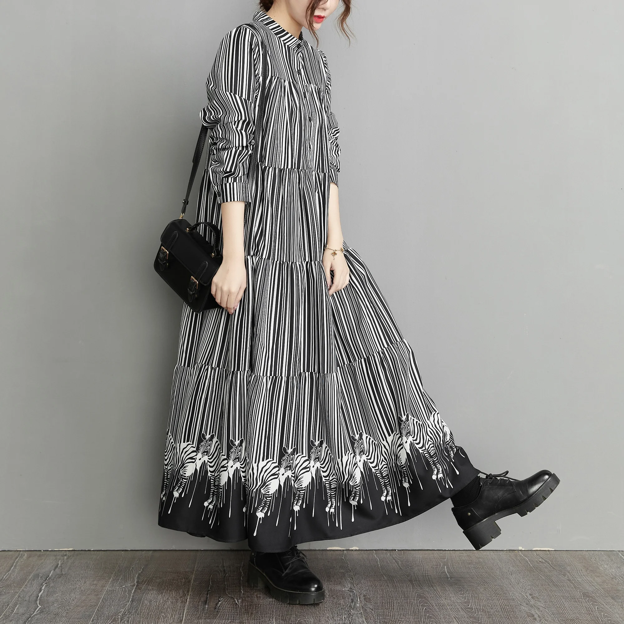 Spring  plus Size Women's Long Sve Dr Vintage Striped Patchwork Loose Base Skirt A-Line Briti Sle Commute Dr