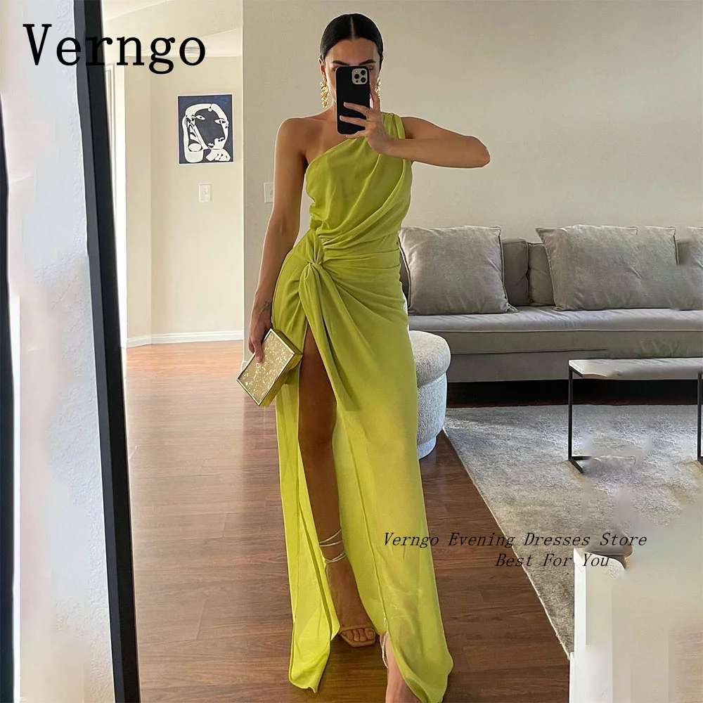 

Verngo Green Chiffon Prom Gown One Shoulder A Line Party Dress For Women Sexy Side Slit Evening Dress Formal Occasion Dress