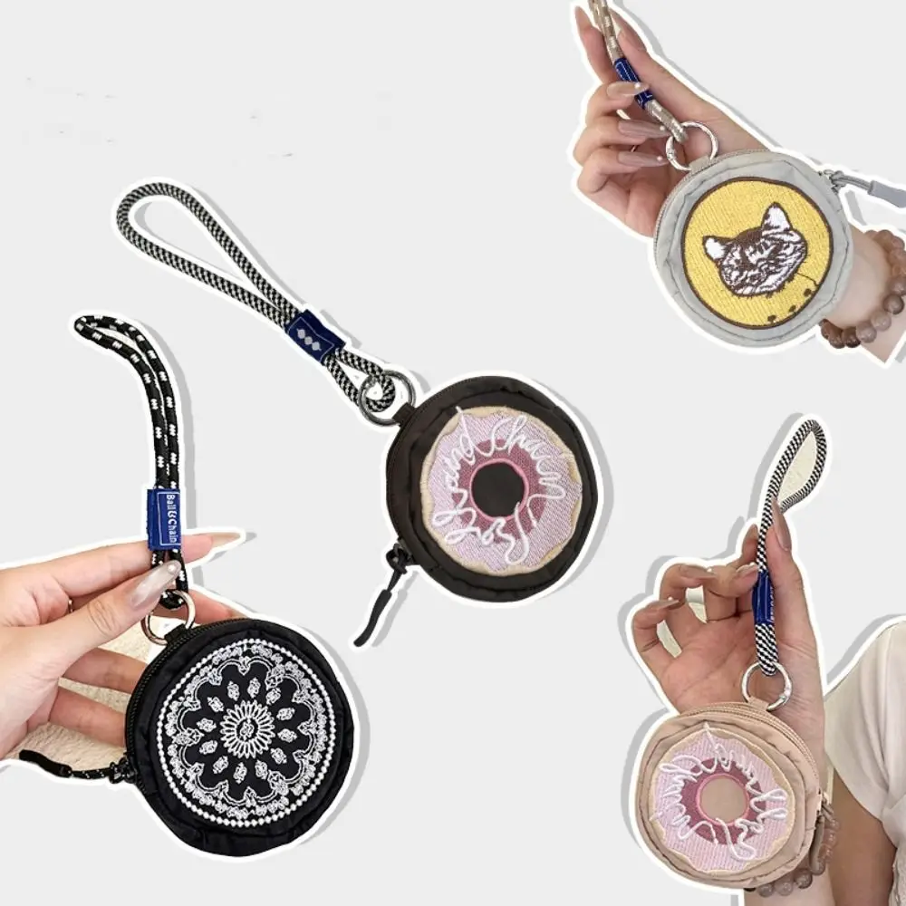 

Cute Mini Coin Purse Multifunctional with Rope Nylon Key Chain Wallet Zipper Doughnut Embroidery Earphone Bag Storage Bag