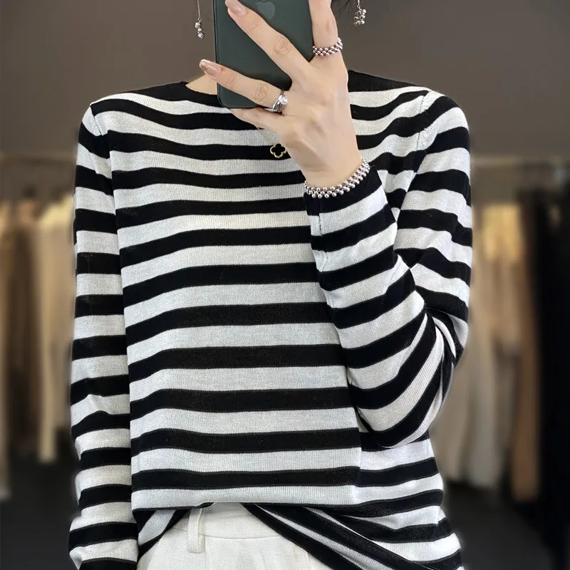 Women New Fine Wool Sweater Round Collar Navy Style Stripes Pullover Autumn Winter Bottoming Shirt Casual Slim Knitting Top