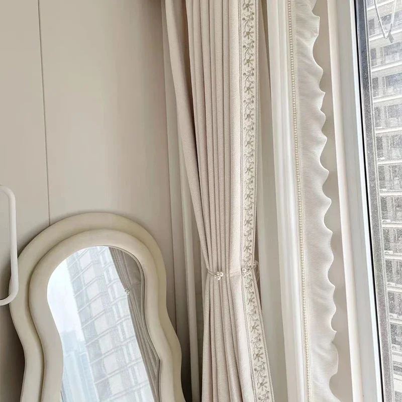 1PC French Curtains For Living Dining Room Bedroom Cream Cured Embossed Chenille Texture Thick Window White Tulle Sheer Curtain