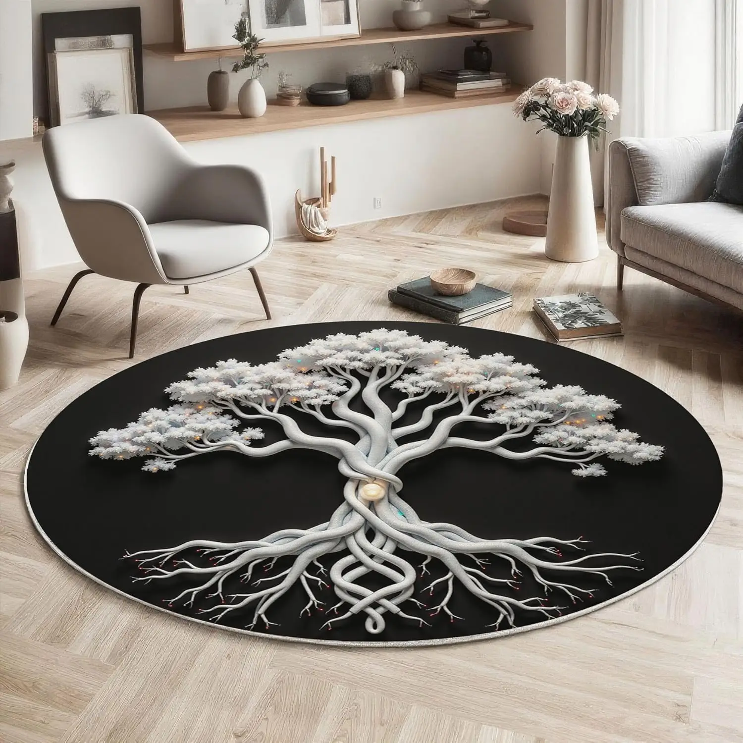 3D Tree of Life Round Rugs Non Slip,Soft Circle Carpet for Bedroom Dining Room Under Table, Black and White Fantasy Plants Decor
