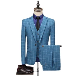 Groom Wedding dress Party Social Dress suit Male 3 piece set Blazer Vest Pants High-end Brand Boutique Plaid  Business slim Suit