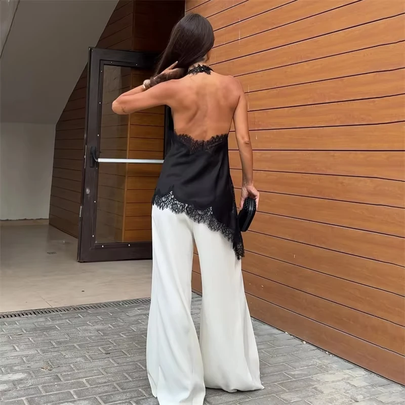 MUJER Schwarze Spitzenoberteile für Damen, asymmetrisches Neckholder-Damenoberteil, sexy rückenfreies Satin-Top, schulterfreies Leibchen-Top für Damen