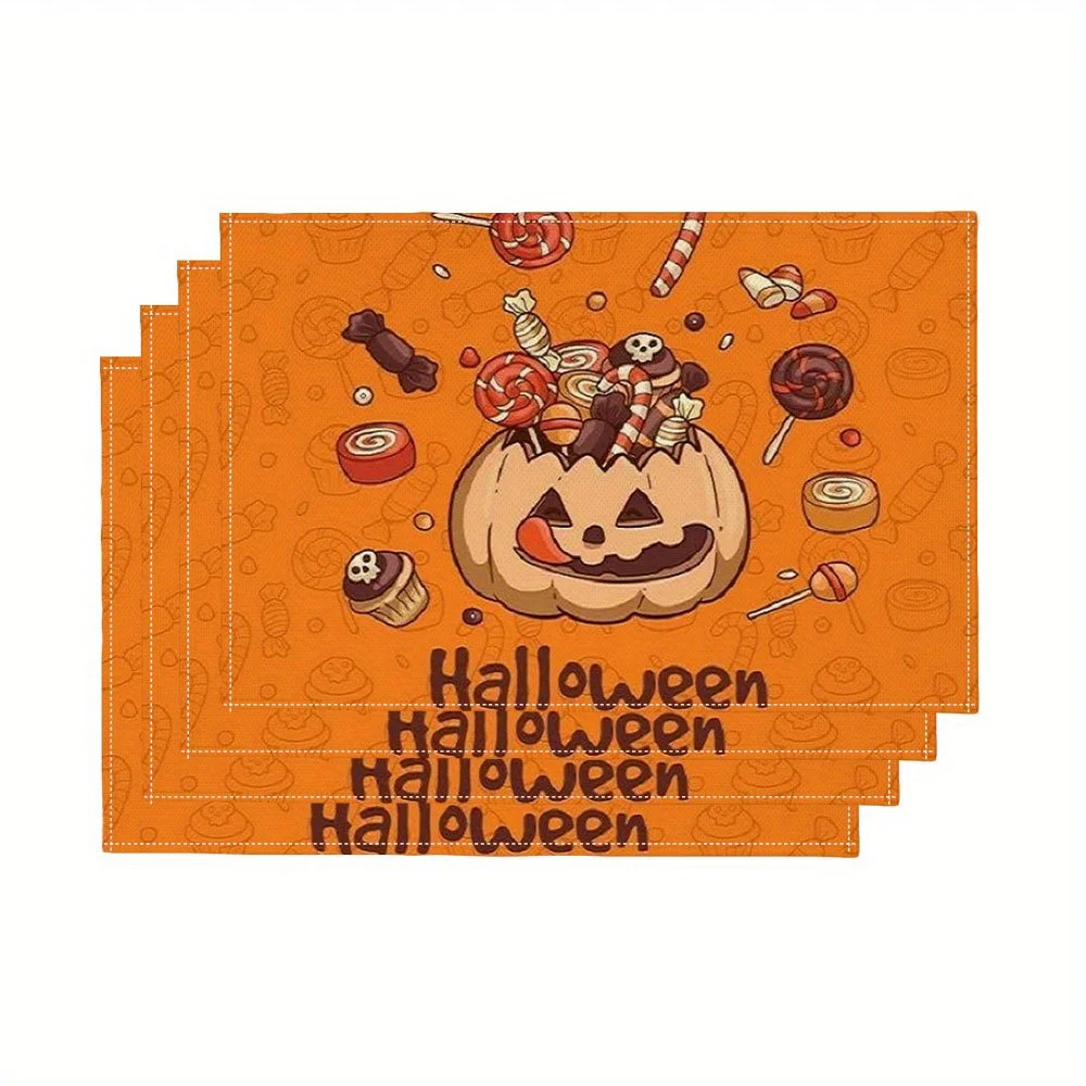 Set of 4pcs Trick-Or-Treat Placemats, Designed with Pumpkin And Candy Patterns Suitable for Halloween Holiday Decoration