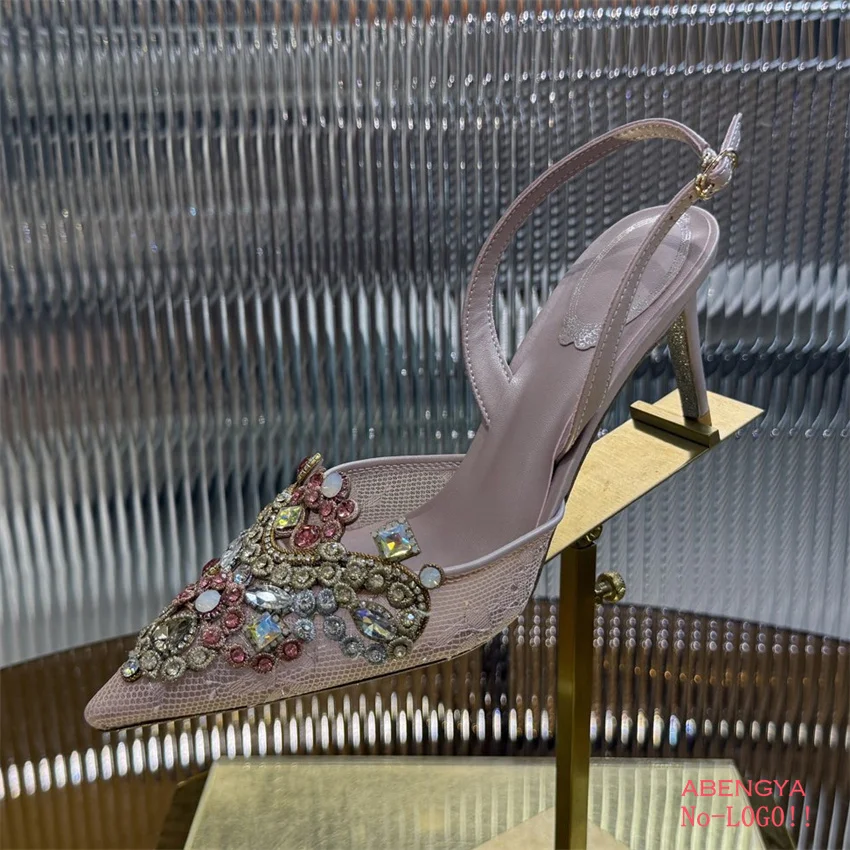 

2025 Summer New Lace High Heels Shoes Woman Pointy Toe Crystal Slingback Dress Shoes Designer Sexy Party Wedding Shoes For Women