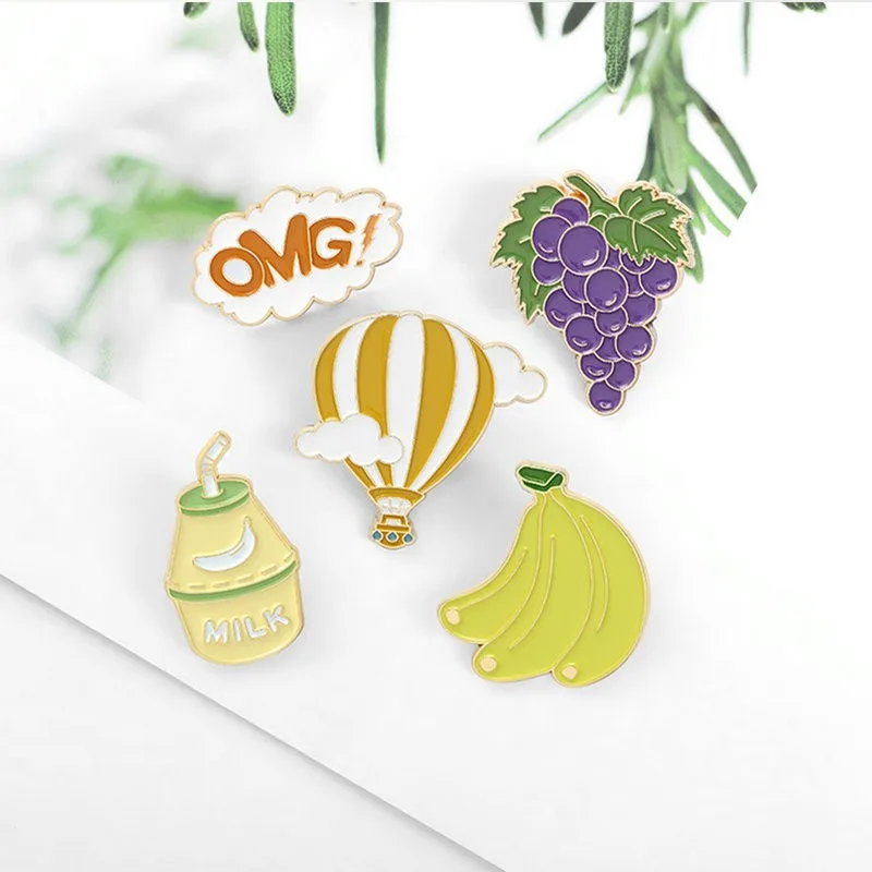 Pin Custom OMG Grape Banana Milk Balloon Brooch Bag Clothes Lapel Pin Badge Cartoon Food Jewelry Kid Friend Dessert Time Enamel