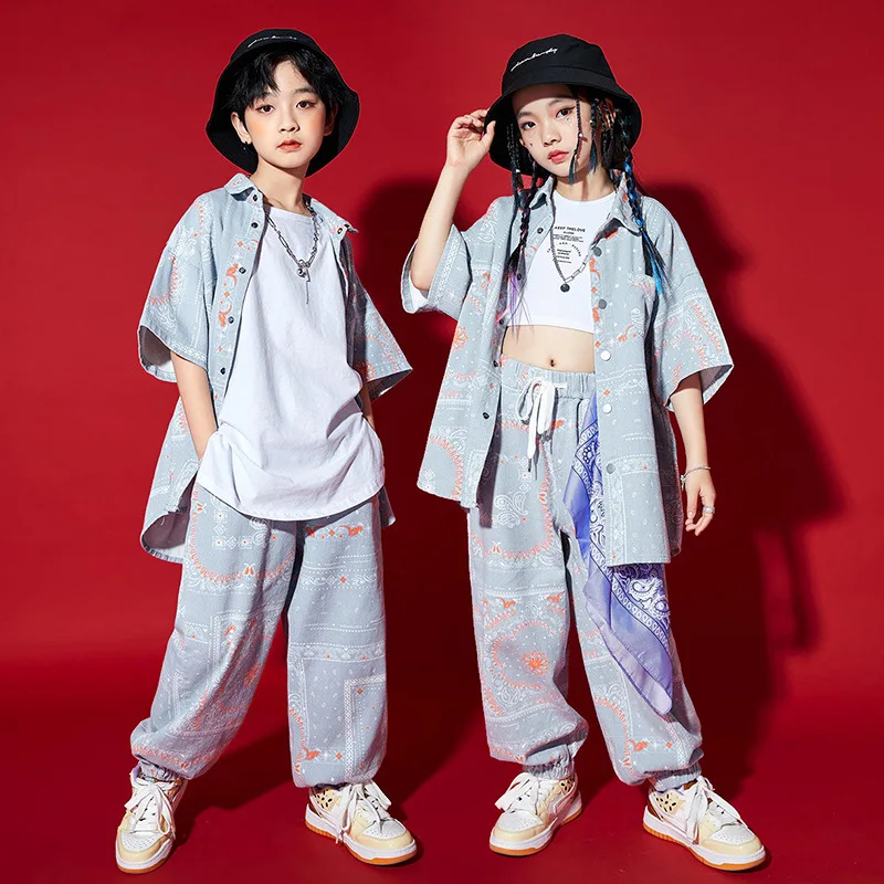 Kids Hip Hop Ballroom Dancing Costumes 4 Girls Boys Jazz Dance Clothes Stage Wear Cashew Flower Shirt Pants Vest Stage Outfits