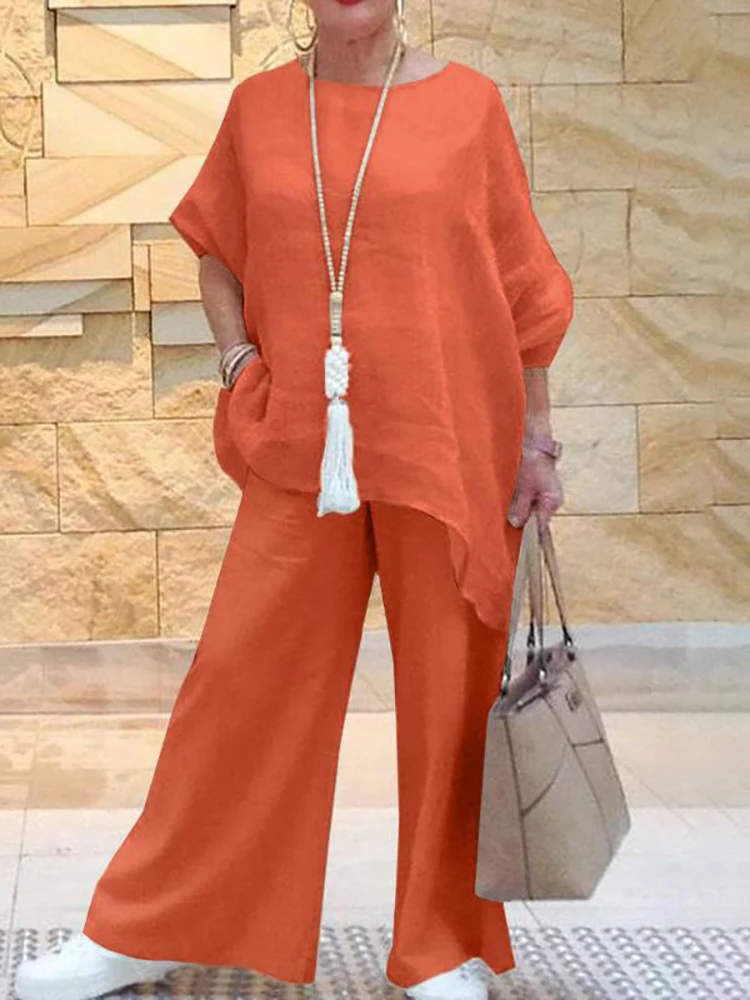 Office Women O Neck Tops and Pants Suit Summer Casual Long Pants Female Solid Outfits Cotton Linen Wide Leg Pants Elegant Sets