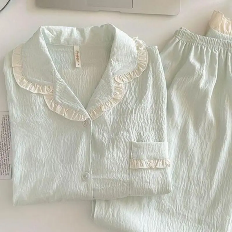 Women's Lace V-Neck Pullover Long Sleeved Long Pant Home Suit Set for Girls In Spring Autumn New Pajamas for Women Two-Piece Set