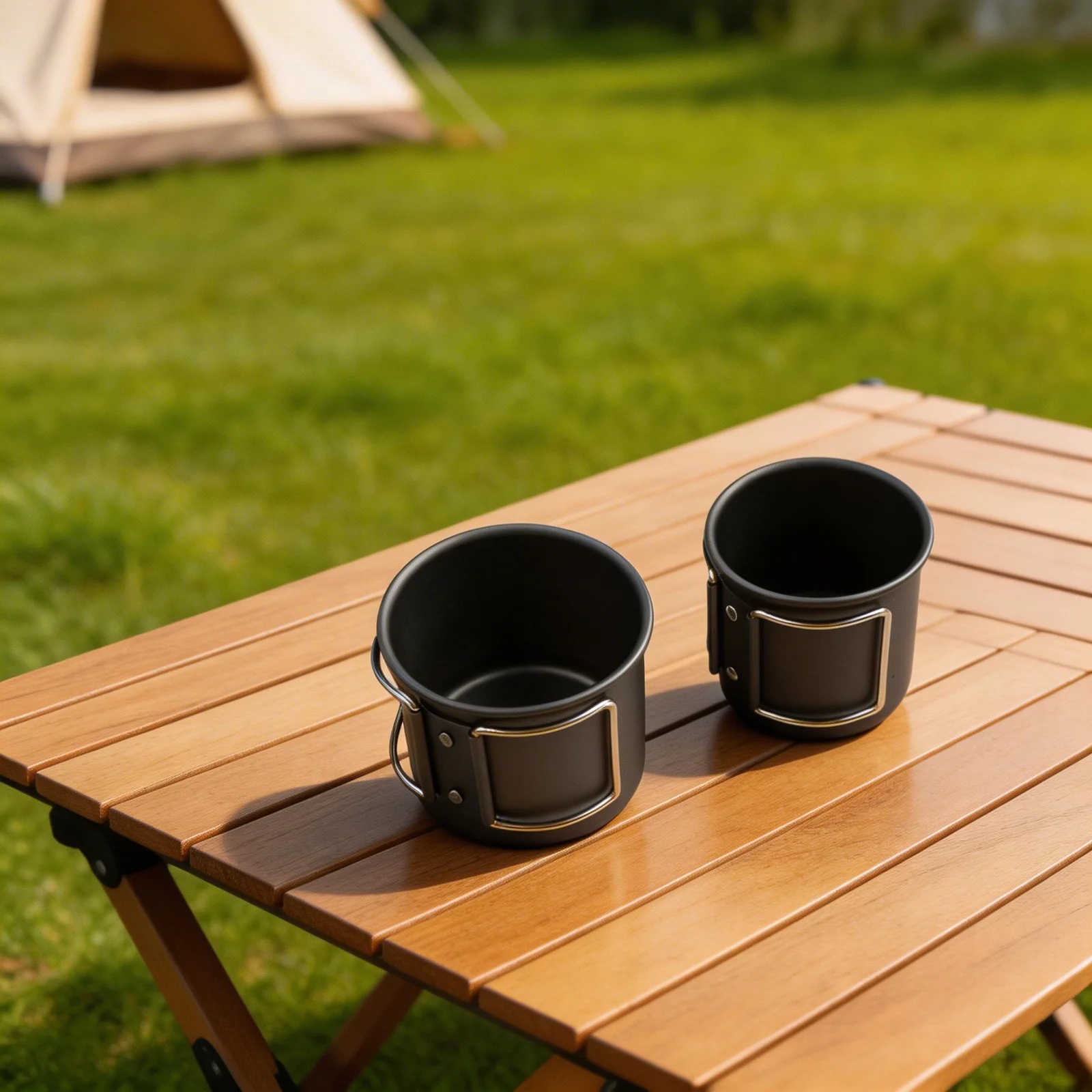 

Compact folding mug set 300 ml and 400 ml aluminum alloy open flame compatible textured grip with nesting design for backpacking