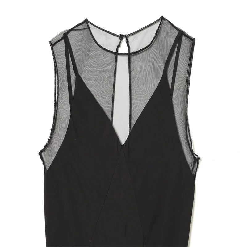 Abito midi da donna con pannello in rete nera - Abito da sera elegante senza maniche con scollo a V sul retro e buco della serratura