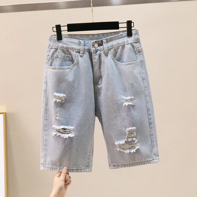 

Мужские летние тонкие рваные джинсовые шорты, новые американские уличные повседневные свободные брюки с карманами, синие брюки, модные универсальные брюки на молнии