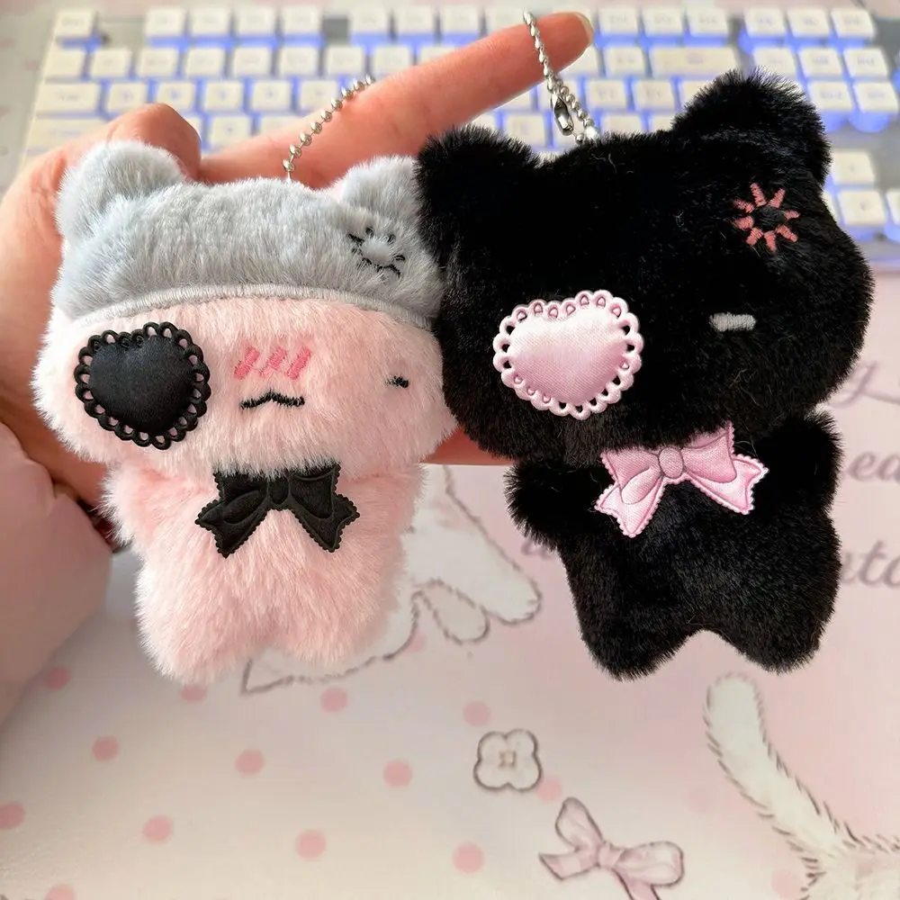 Student Cartoon Plush Kitten Keychain Pink & Black Key Holder Cat Doll Pendant Bag Charm Kawaii Squeaky Keychain Jewelry Gift