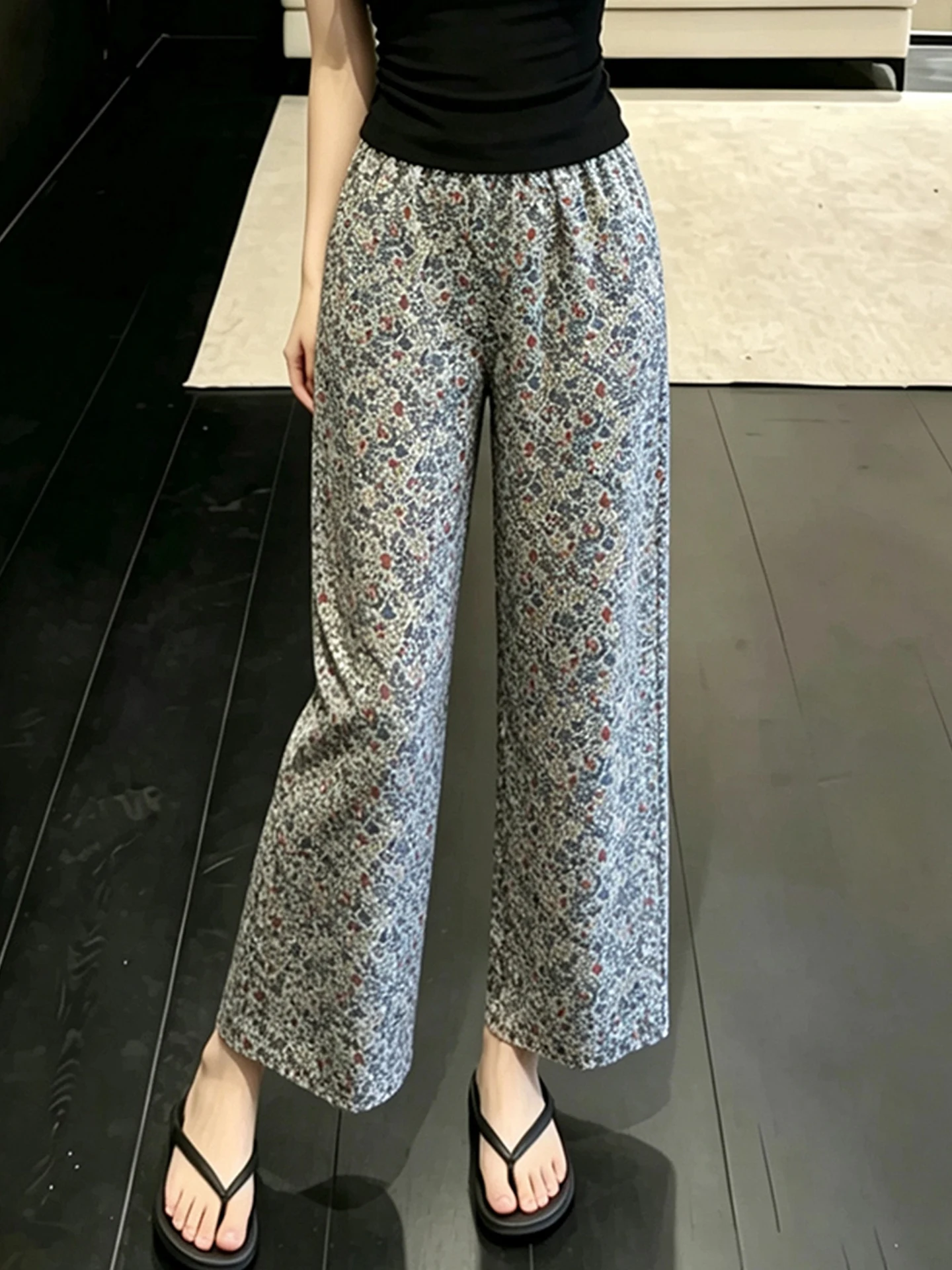 Trendy Floral Print Loose Wide Leg Pants Women Summer Thin Casual Straight Leg Trousers plus Size Fashion Comfortable Fit