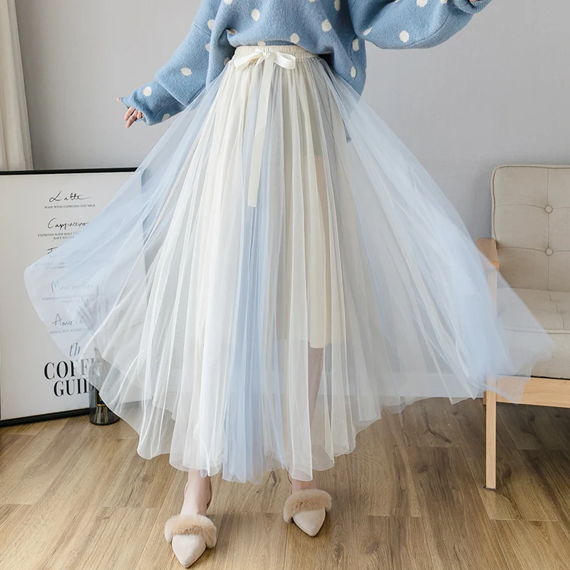 Spring Autumn Belted Contrast Color Long Tulle Skirts Womens Korean Style Cute Gray Pink Black Blue Mesh A-line Skirt Straight