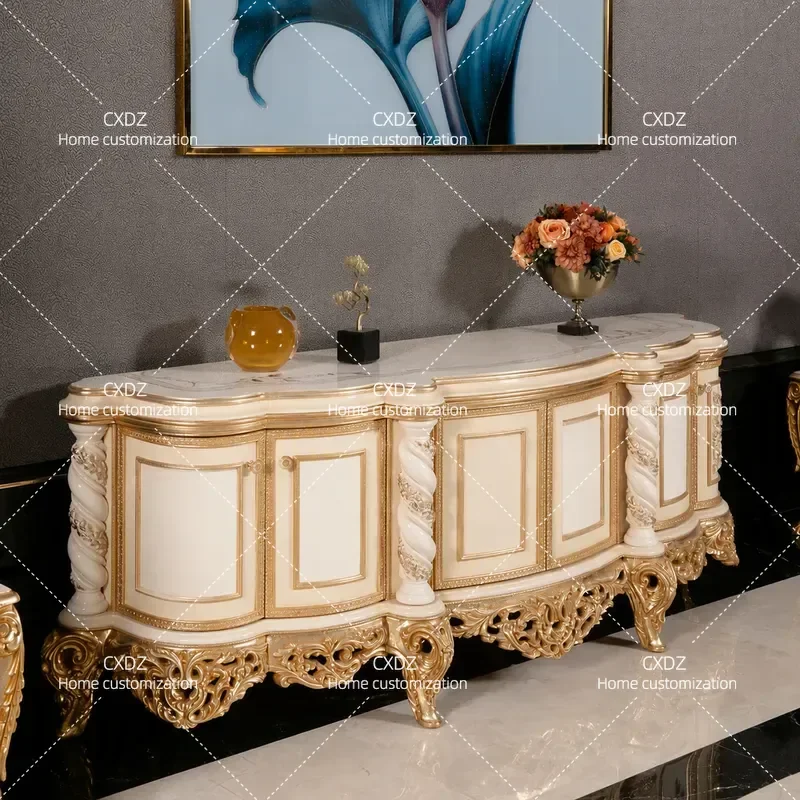 European solid wood carving flower TV cabinet French luxury villa living room furniture home painted TV cabinet floor cabinet