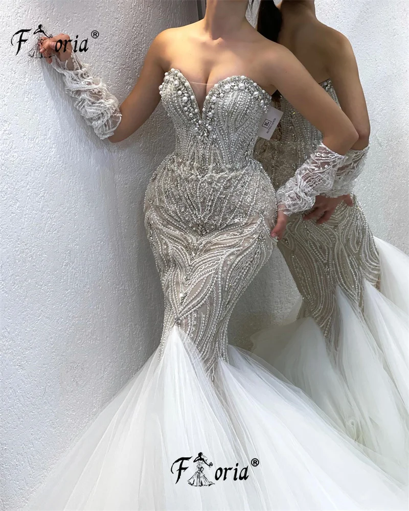 Vestido de noche de boda de sirena con escote corazón para mujer, Vestidos de ocasión formales de encaje de perlas, vestido de desfile sin espalda de Dubái, elegante