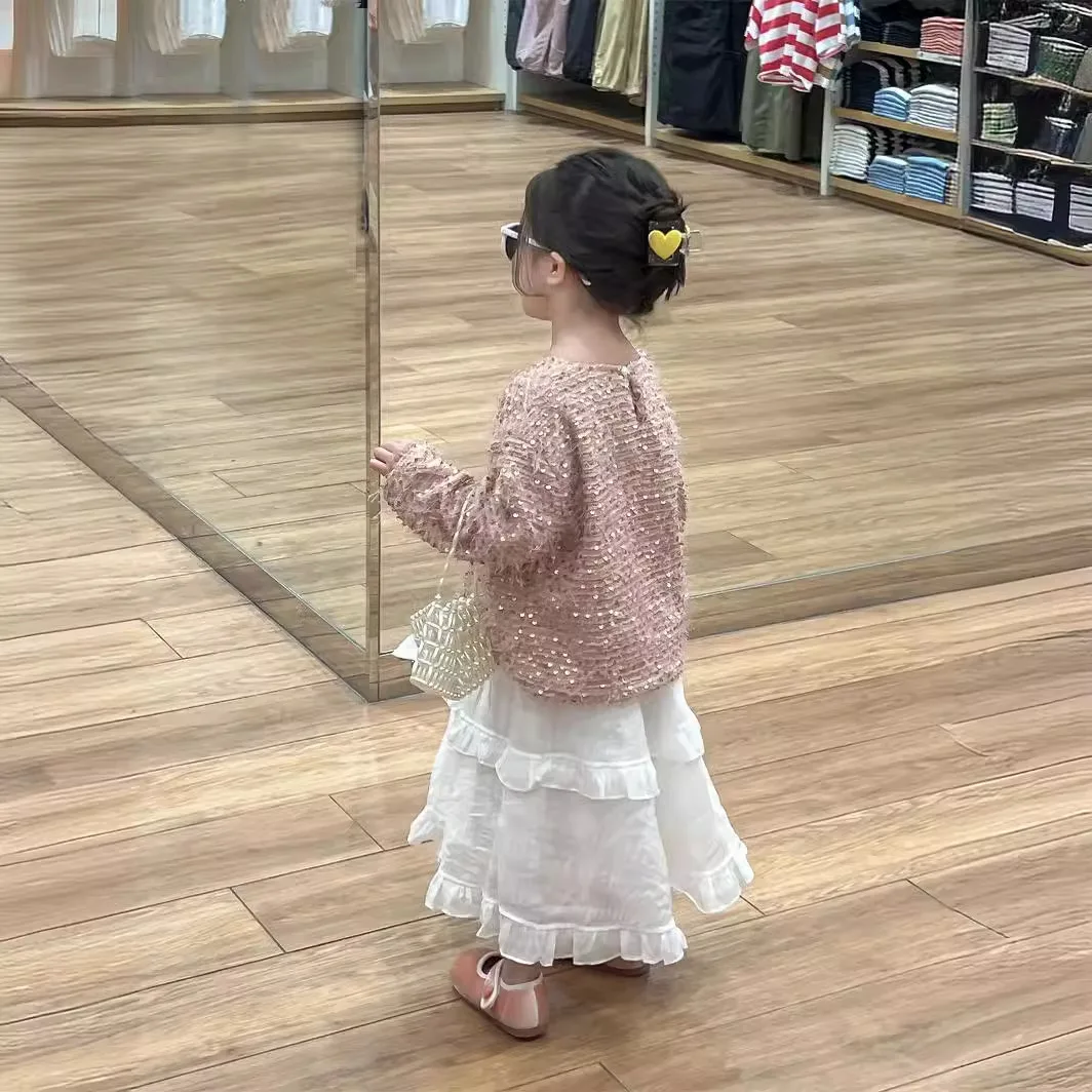 Korean Children's Clothing Girls Pink Heavy Industry Sequined Beard Crew Neck Top Sweet Layer Cake Skirt Skirt