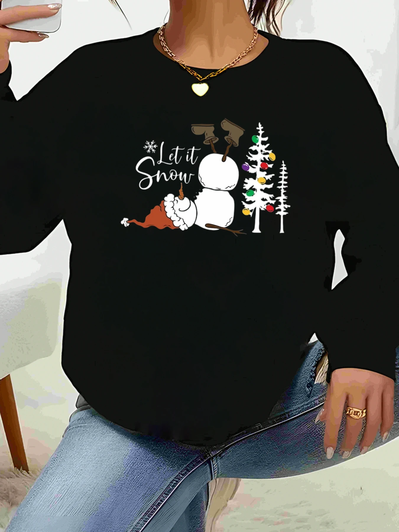 

Снеговик и рождественская елка Let It Snow Топ с длинными рукавами и принтом Праздничная повседневная одежда для женщин