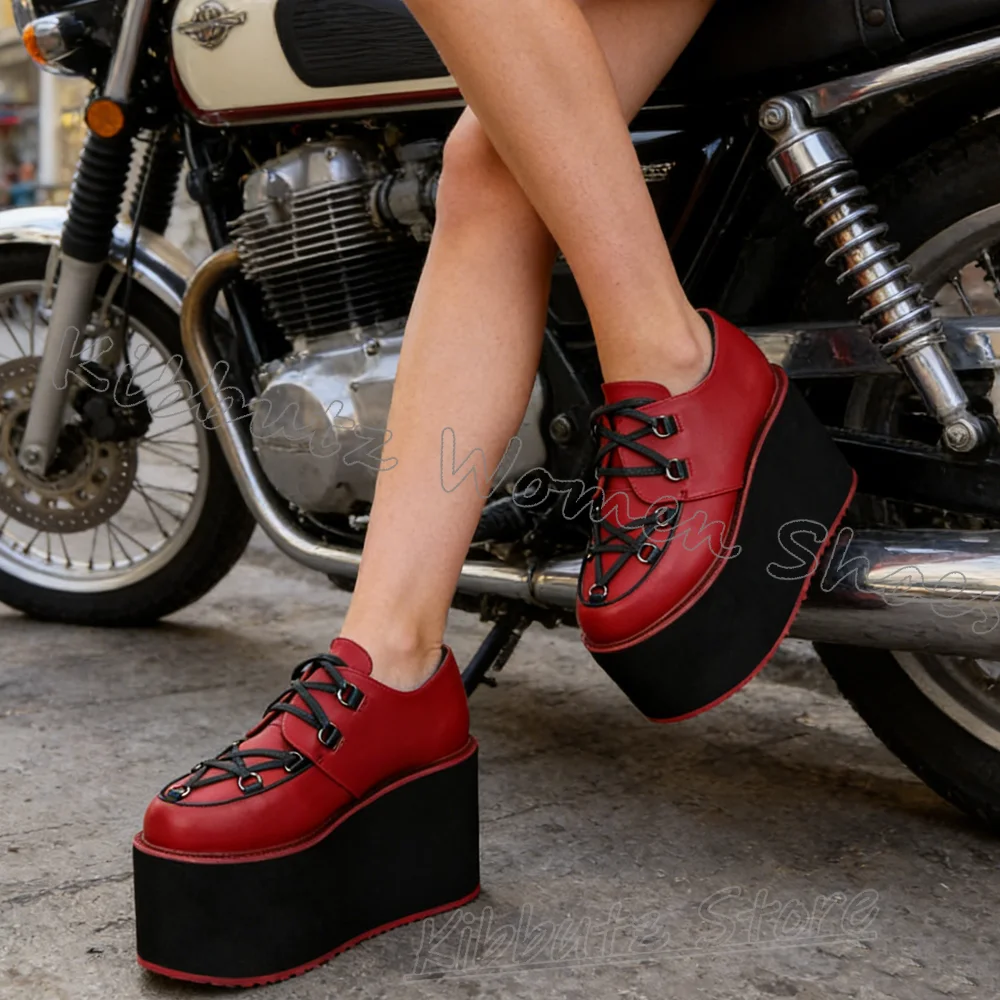 Cross Strap Mary Jane Pumps Platform Lace-Up Leather Mixed Color Women Shoes Round Toe Thick Bottom Luxury Novelty Fashion New