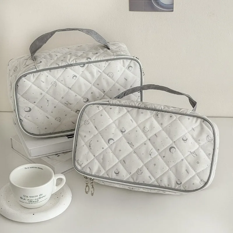 Moon Star Quilted Makeup Bag Portable Handheld Travel Wash Bag Multi Layer Skincare Cosmetic Storage Pouch Daily Handbag