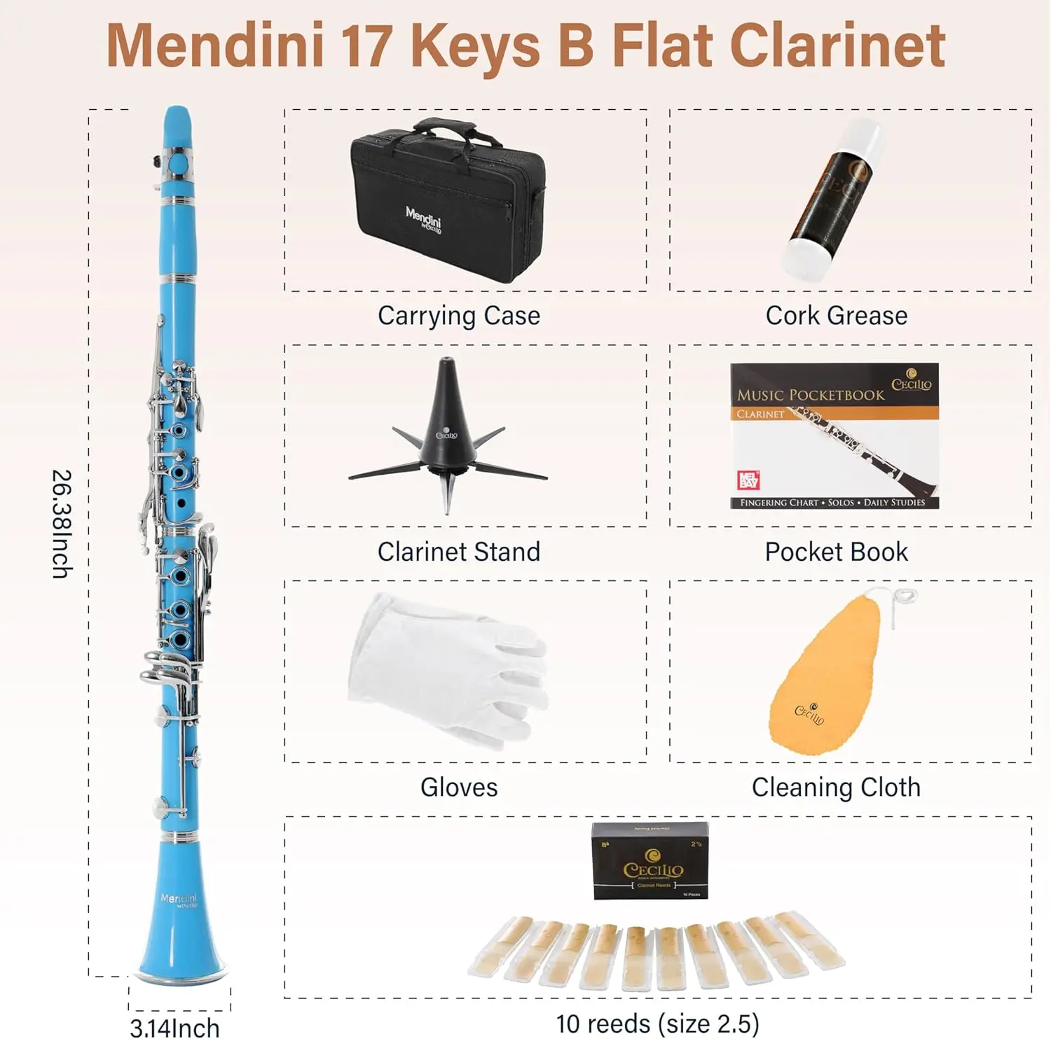 Beginner B Flat Clarinet with 10 Reeds, Hard Case, Stand in Light Blue - Easy to Play & Complete Set