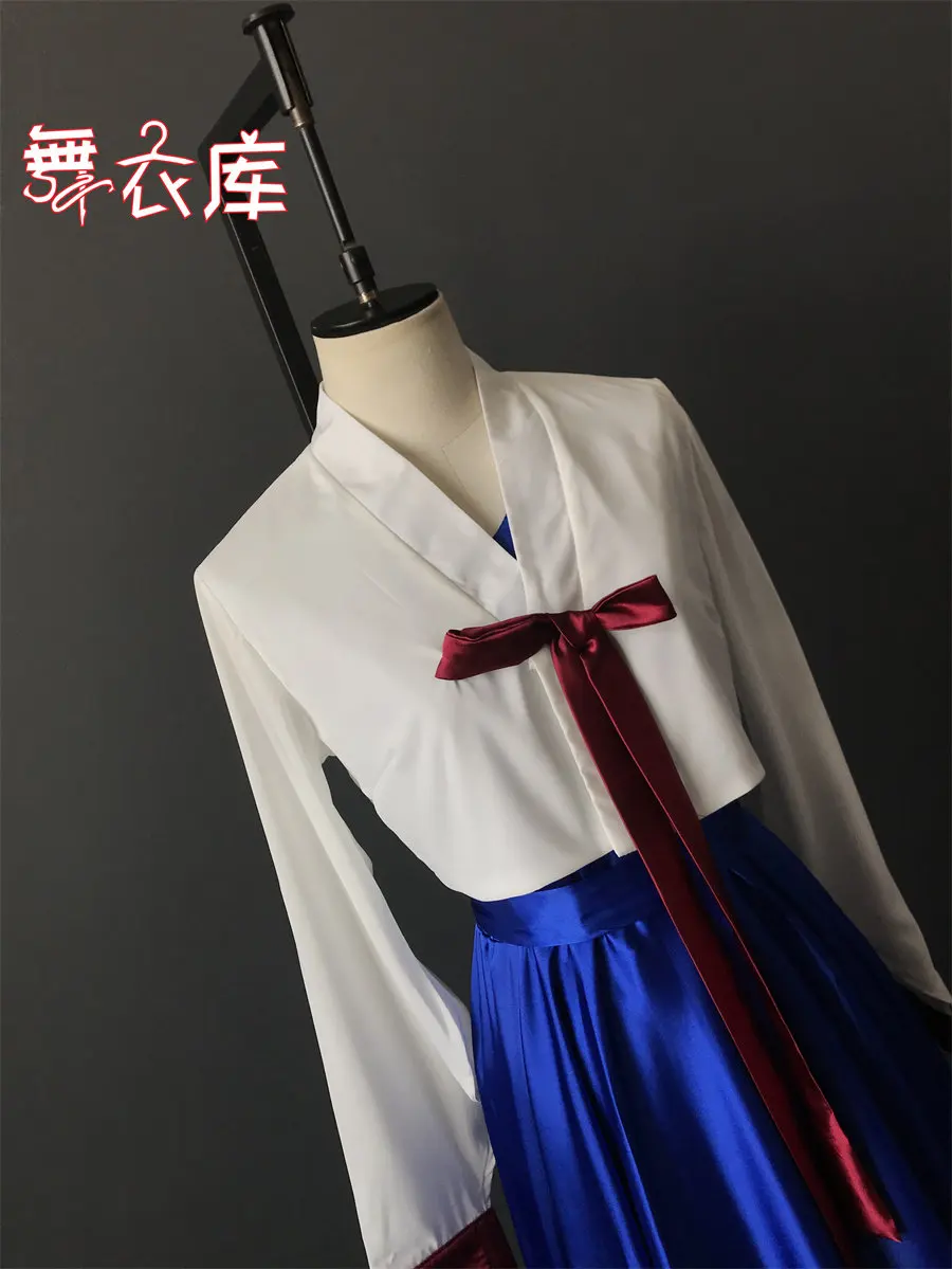 Women Modern Hanbok Korean Folk Dance Practice Costume White Top Royal Blue Double Layer Satin Swing Skirt for Stage Show