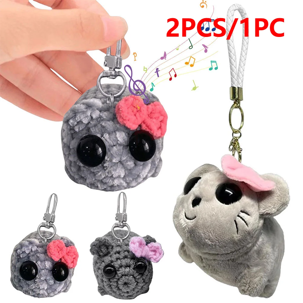 2-1pc Sad Hamster Keychain with/no Music Hamster Animal Plushie Keyring Bow Tie Hamster Keychain Toy Xmas Gifts Home Desk Decor