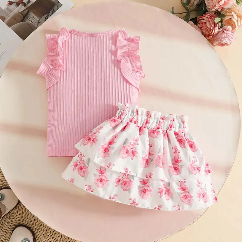 Baby Clothing 1-3 Years Toddler Girl Set Pleated-trim Sleeveless Top + Floral Bow Skirt Summer Baby Girl Vacation Casual Set